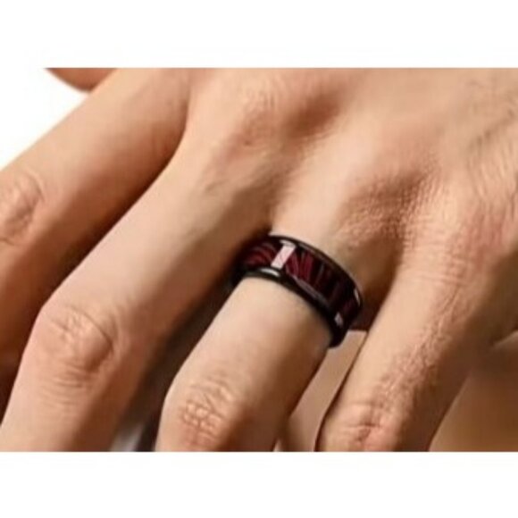 Tungsten Carbide Steel High Polished Red Marble Statement Wedding band - Picture 7 of 8